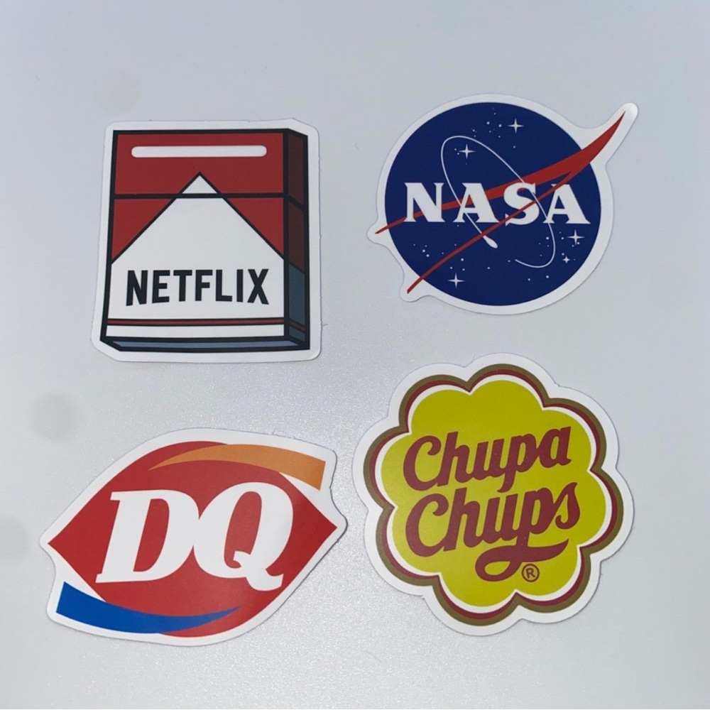 (4) Decal Stickers 1. Nefltix  2. Nasa 3. DQ 4. Chupachups Logos anime Tv decor